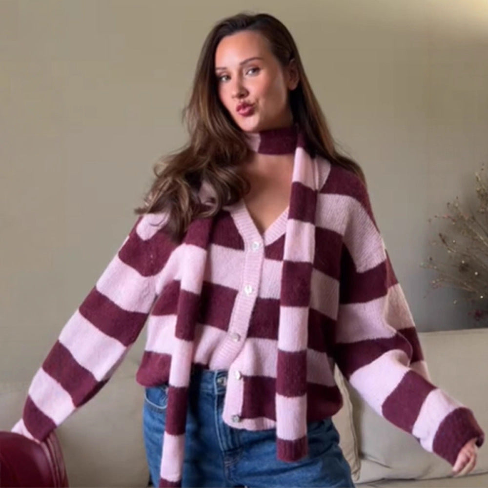 Women's Oversized Knit Cardigan Set with Block Stripes, Button Placket and Matching Scarf Amarae