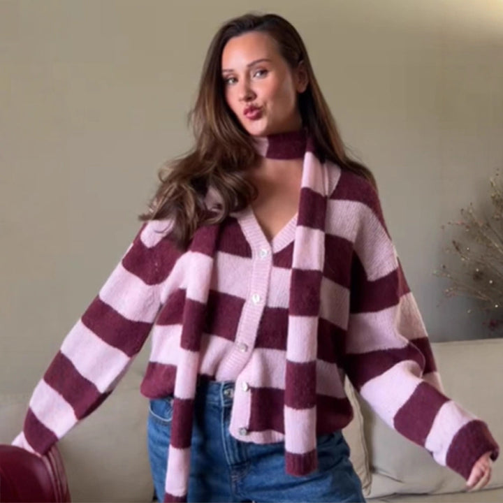 Women's Oversized Knit Cardigan Set with Block Stripes, Button Placket and Matching Scarf Amarae