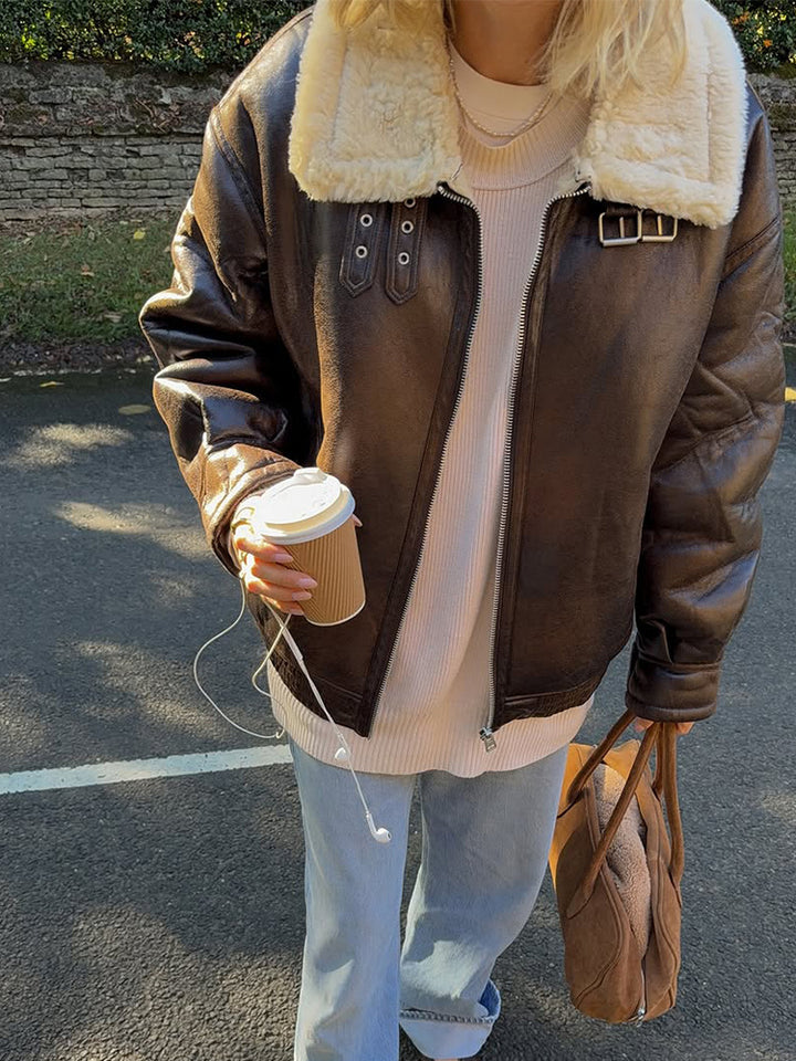 Women's Oversize Pilot Jacket made of Faux Leather with Teddy Lining and Wide Cut Amarae