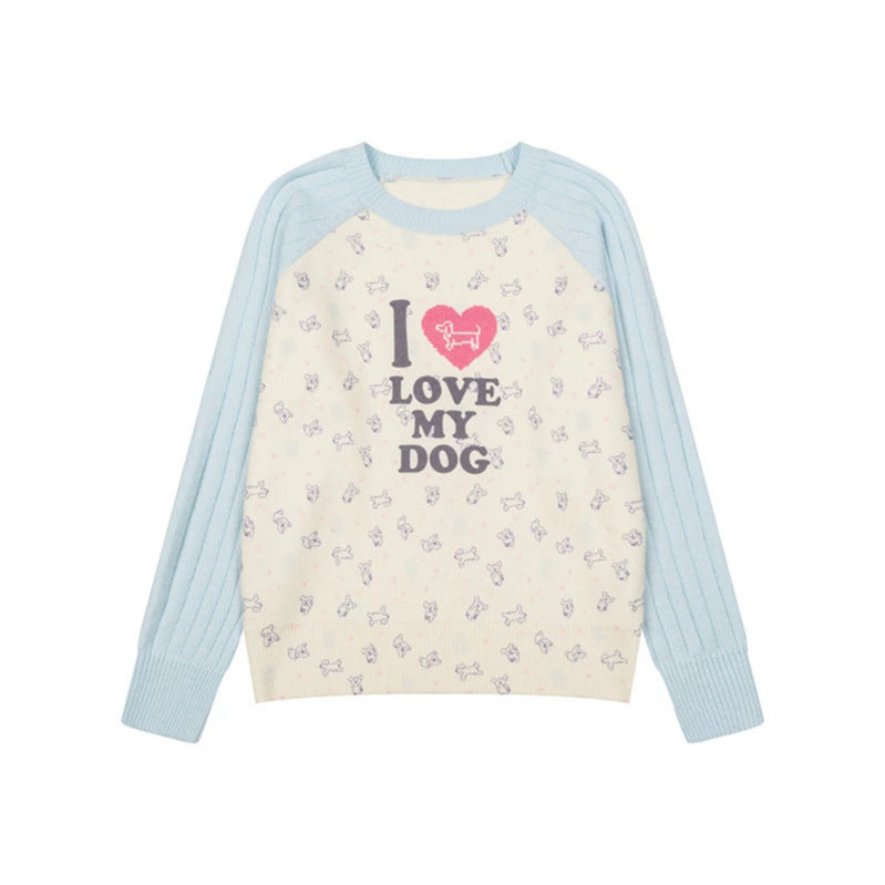 Women's knitted raglan sweater with heart dog motif, ribbed sleeves and all-over print Amarae