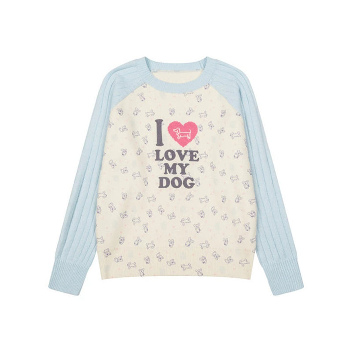 Women's knitted raglan sweater with heart dog motif, ribbed sleeves and all-over print Amarae