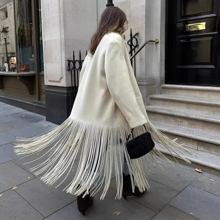 Elegant long coat for women with frayed details Amarae
