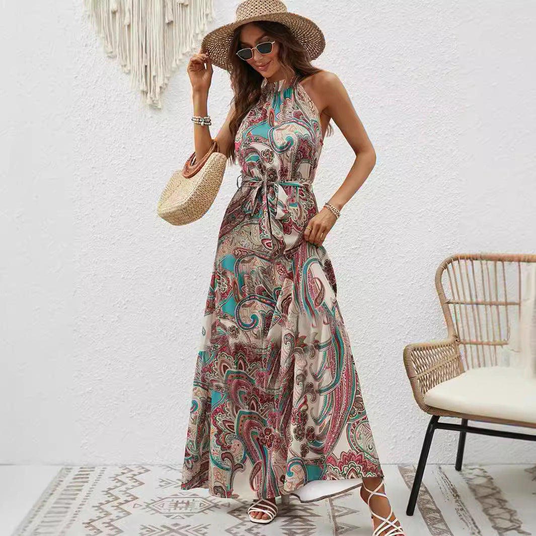 Women's Maxi Dress in Boho Style with High Collar and Tied Belt Lune London