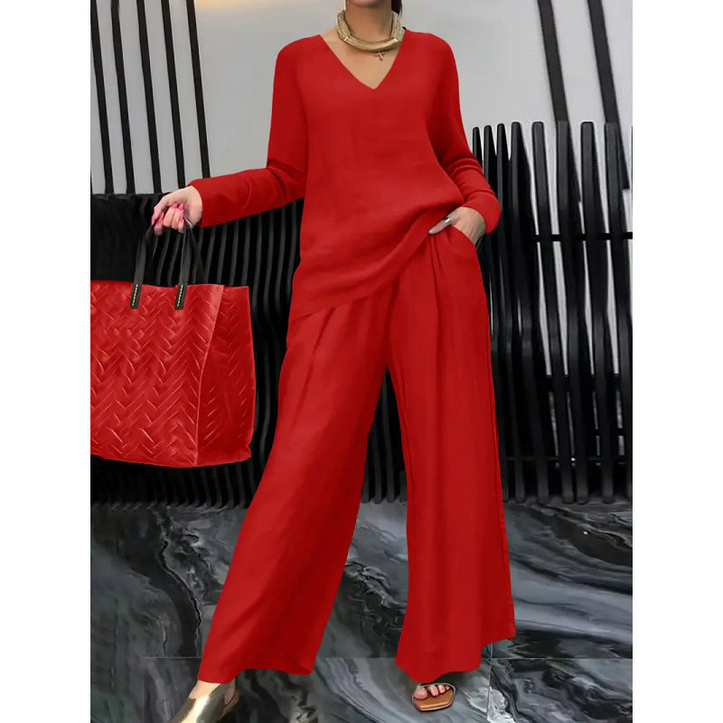 Women's Fine V-Neck Knit Sweater with Flowing Palazzo Pants Amarae