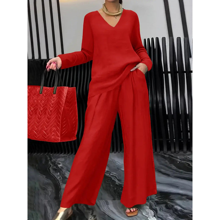 Women's Fine V-Neck Knit Sweater with Flowing Palazzo Pants Amarae