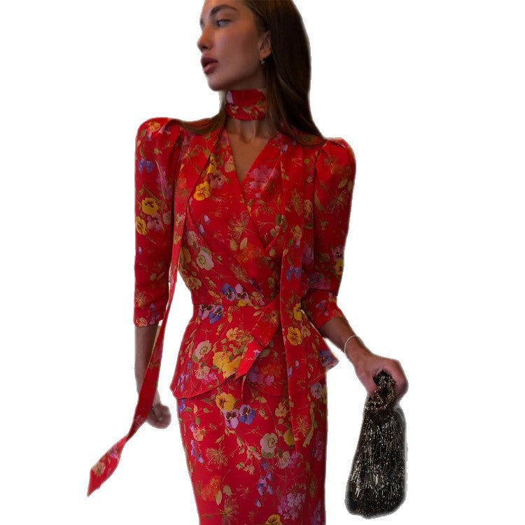 Women's Wrap Maxi Dress with Floral Print, Puff Sleeves and Shawl Collar Amarae
