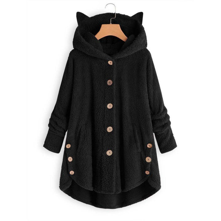 Women's Hooded Teddy Coat with Cat Ears, Button Placket and Asymmetrical Hem Amarae