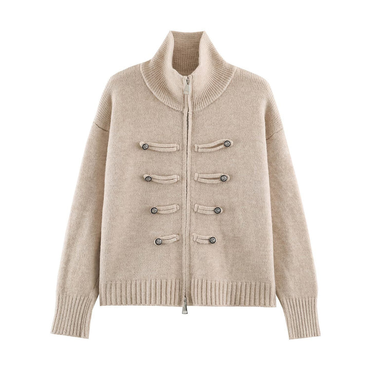 Women's cardigan with zipper, high stand-up collar, and decorative button plackets Amarae