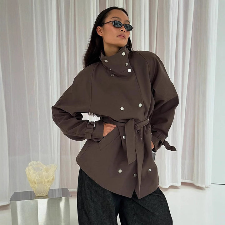 Women's Tailorable Oversized Short Trench Coat with High Stand Collar, Snap Button Front and Belt Amarae