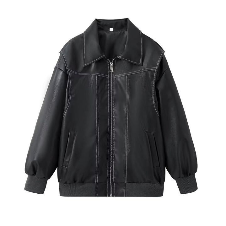 Casual faux leather jacket for women with high collar and zipper Lune London