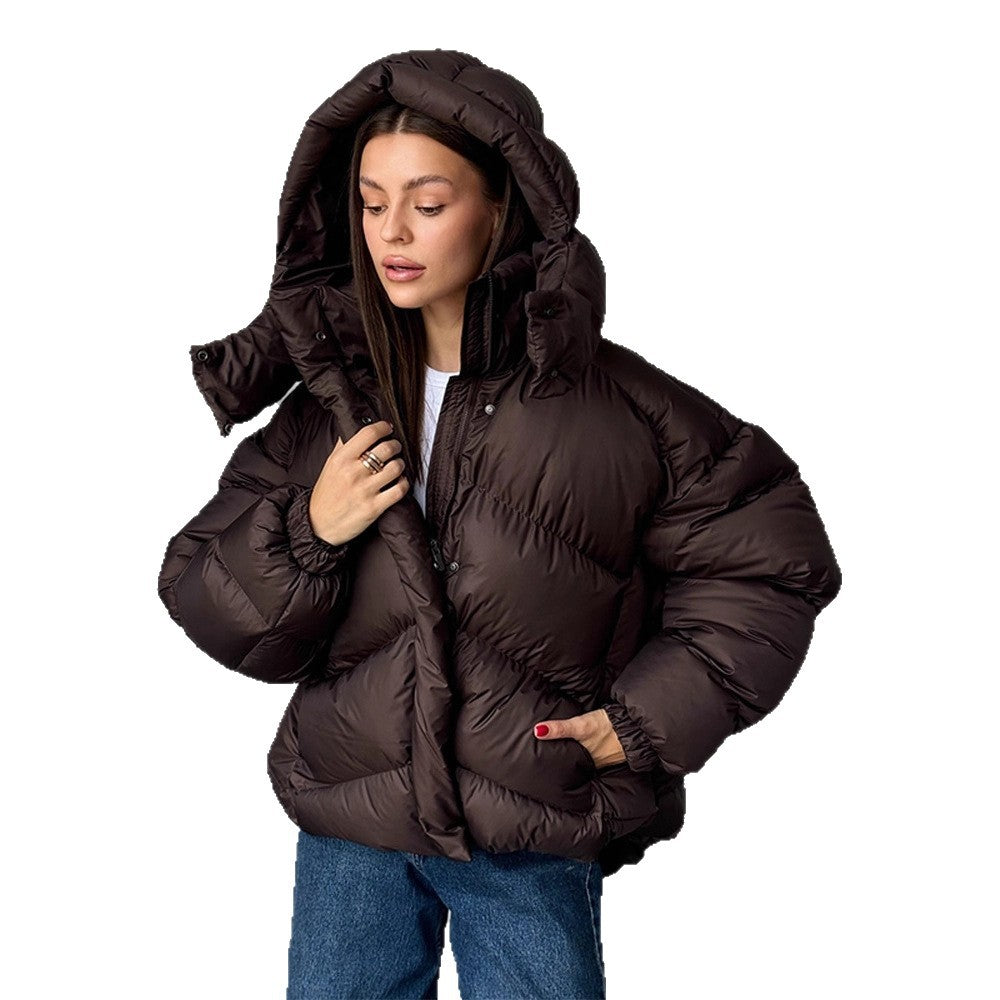 Ladies short puffer jacket with thermal filling, oversized hood & concealed two-way zipper Amarae
