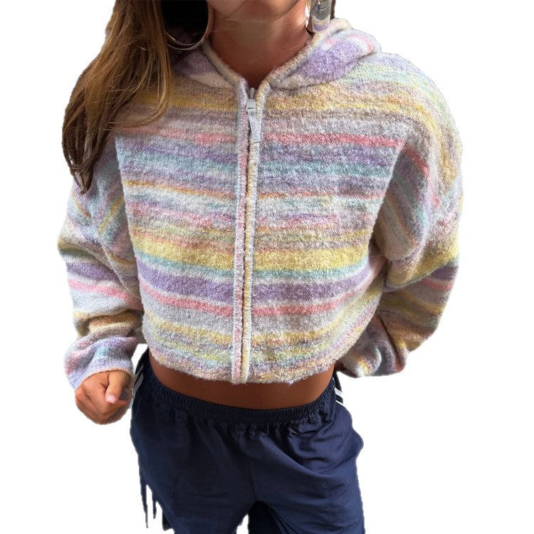 Women Cropped Hooded Cardigan in Fluffy Stripe Pattern with Zipper and Boxy Cut Amarae