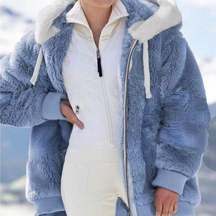 Women's Oversized Sherpa Zip Jacket with Contrast Collar, Ribbed Cuffs, and Drawstring Amarae
