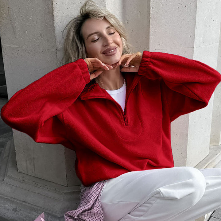 Women’s Oversized Fleece Pullover with Half Zipper and Stand-Up Collar Amarae