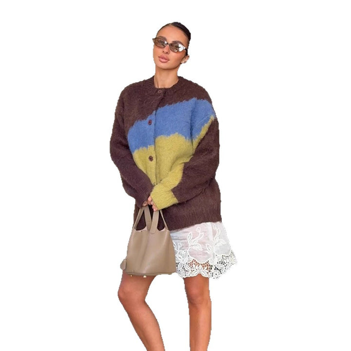 Women's Oversize Mohair-Blend Cardigan with Abstract Color Block and Button Placket Amarae