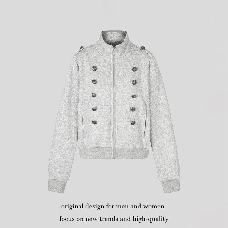 Women's short sweatshirt jacket with stand-up collar, double button detail and zipper Amarae