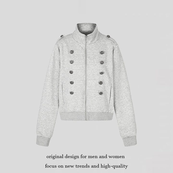 Women's short sweatshirt jacket with stand-up collar, double button detail and zipper Amarae