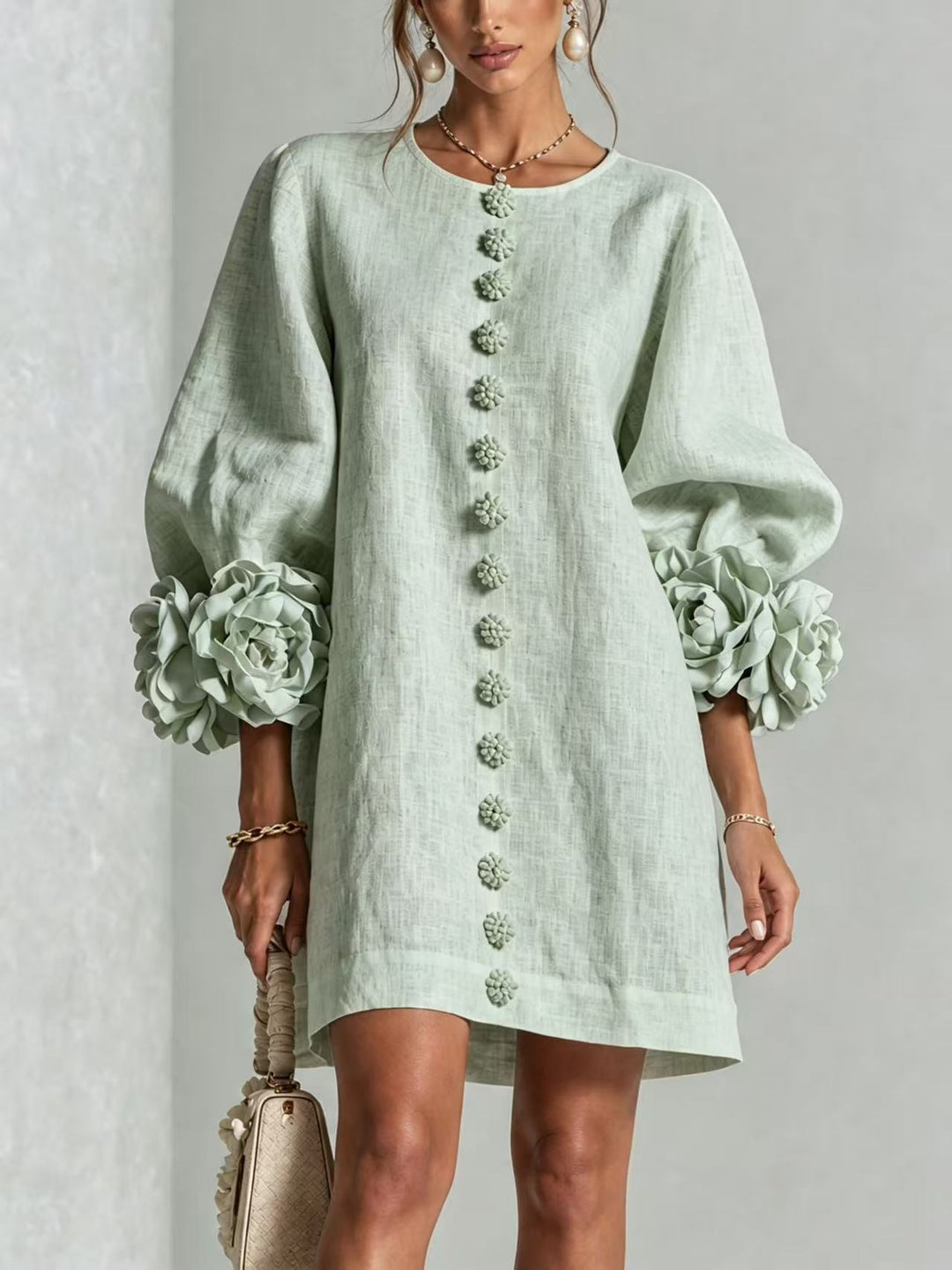 Ladies linen dress in A-line cut with balloon sleeves and 3D flower decoration Amarae
