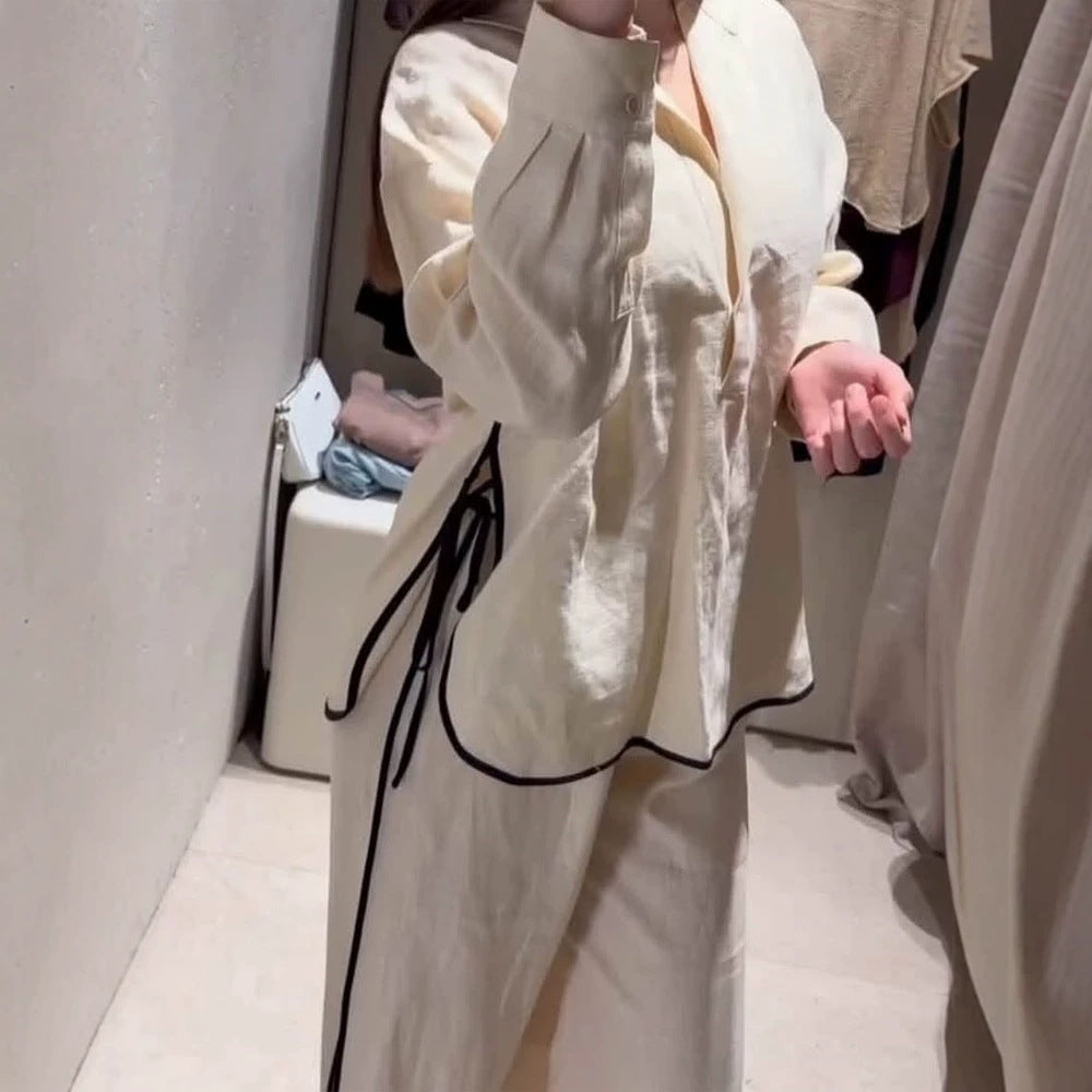 Women Lightweight Linen Loungewear Set with Wide Leg, Shirt Collar & Contrast Piping Amarae