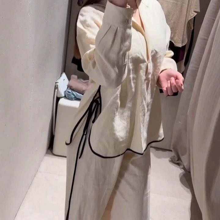 Women Lightweight Linen Loungewear Set with Wide Leg, Shirt Collar & Contrast Piping Amarae