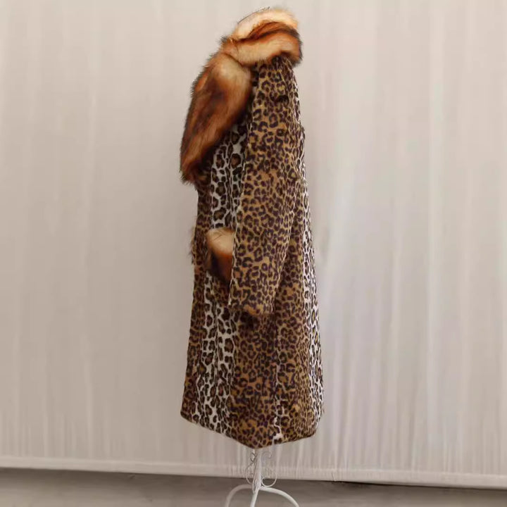 Women’s Longer Faux Fur Coat in Leopard Print with Large Fur Collar and Pocket Trim Amarae