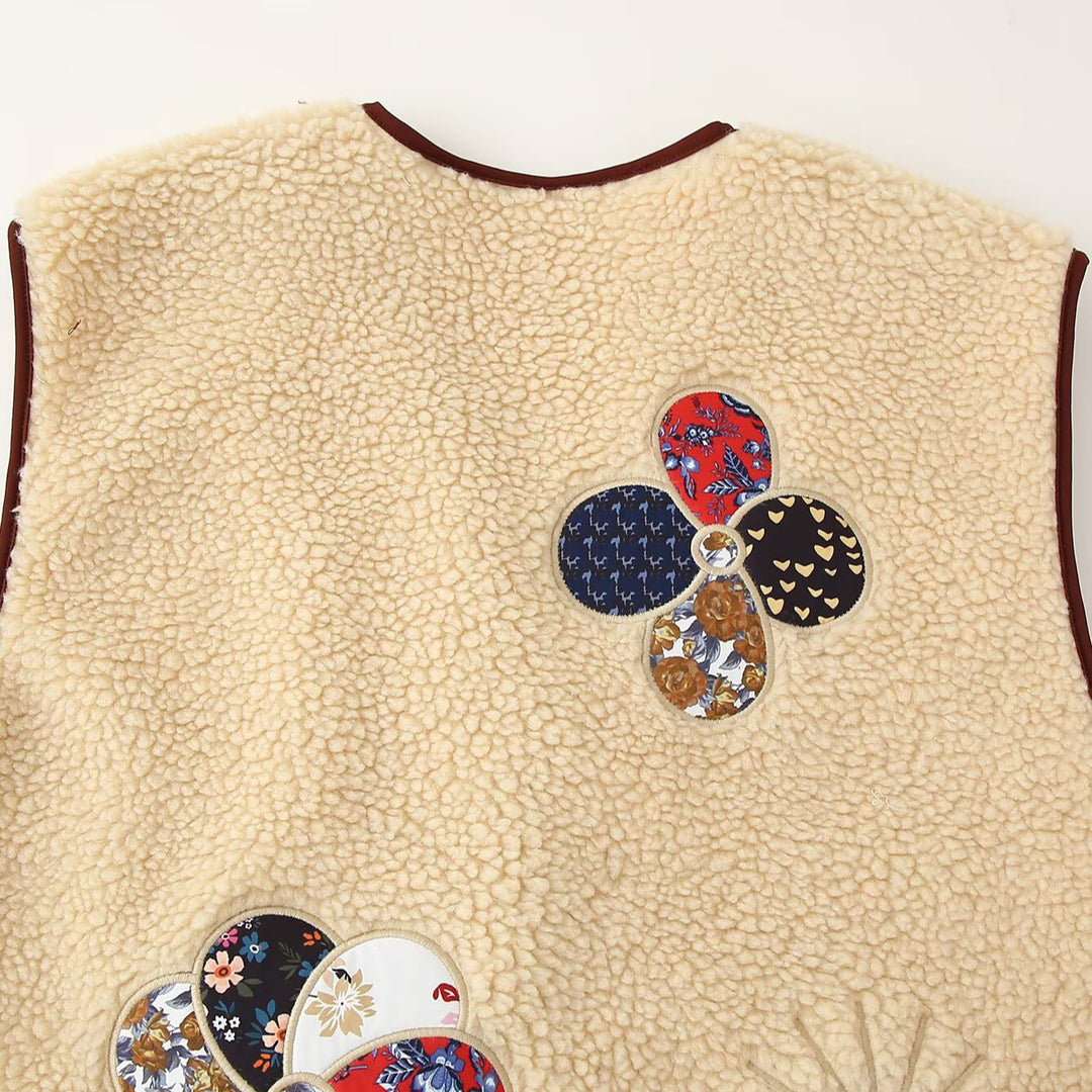 Ladies Padded Teddy Vest with Patchwork Applications and Toggle Closures Amarae
