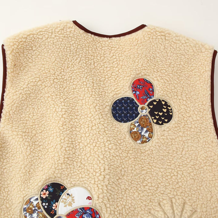 Ladies Padded Teddy Vest with Patchwork Applications and Toggle Closures Amarae