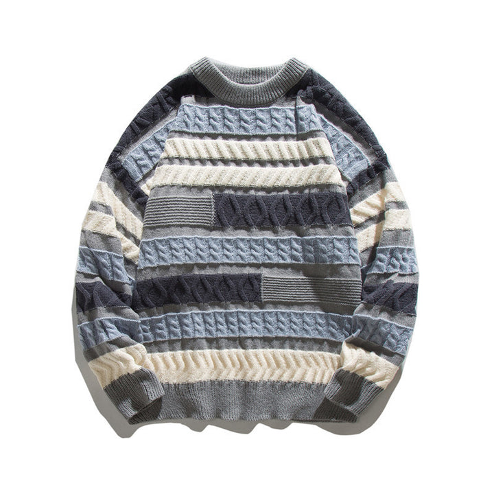 Unisex Oversize Knit Sweater with Patchwork Cable Pattern and Round Neck Amarae