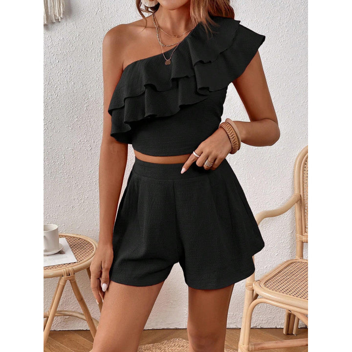 Woman One-Shoulder Ruffle Crop Top and High-Waisted Shorts Lune London
