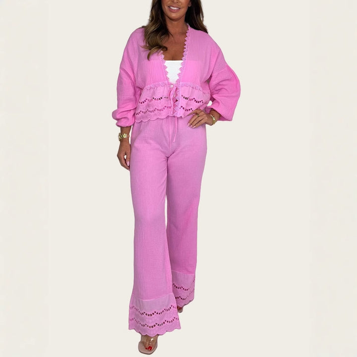 Women Two-Piece Set with Crochet Accents and Chic Loose Fit