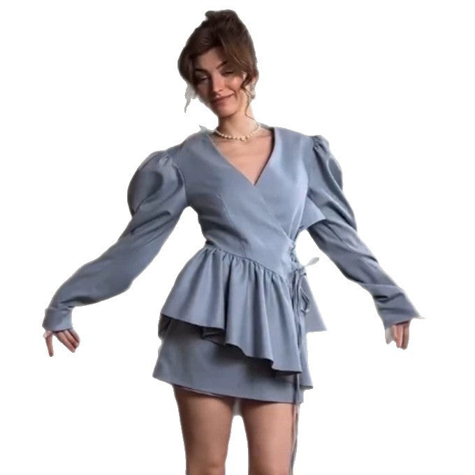 Women's mini dress with ruffle peplum, puff sleeves, and tailored silhouette Amarae