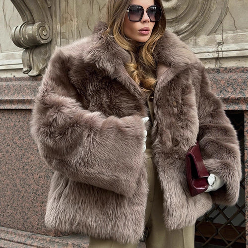 Women short coat made of luxurious faux fur with voluminous shawl collar and boxy silhouette Amarae