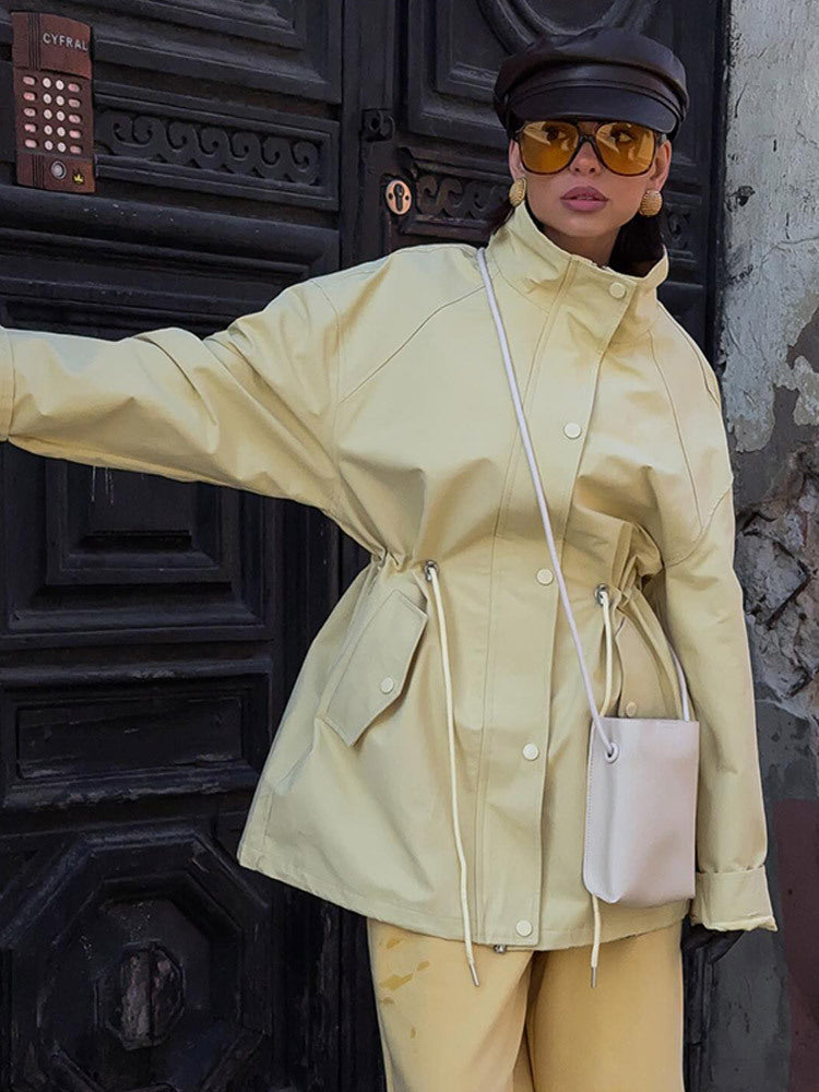 Women's Oversize Rain Jacket with Drawstring Waist, High Stand-Up Collar & Flap Pockets Amarae