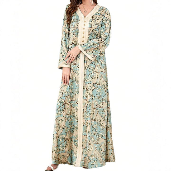 Maxi dress for women with artistic floral pattern and button details Lune London