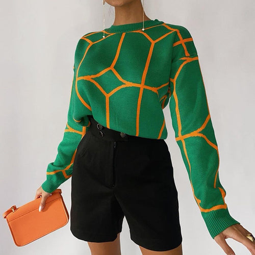Ladies Elegant Knitted Sweater with Geometric Pattern and Round Neck Amarae