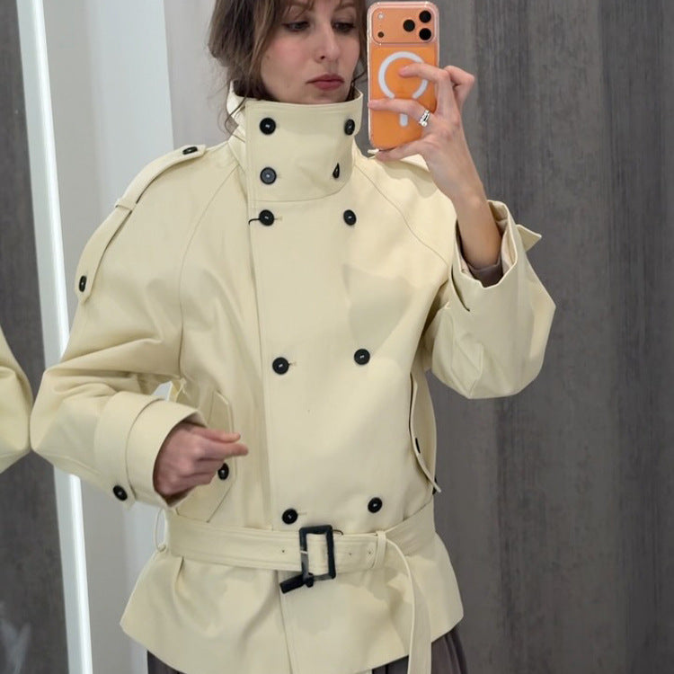 Women Short Double-Breasted Trench Jacket with High Standing Collar and Waist Belt Amarae