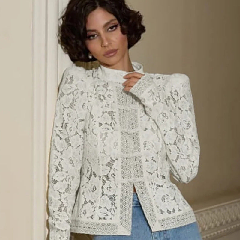 Lace blouse for women with fine gathered details and transparent sleeves Lune London