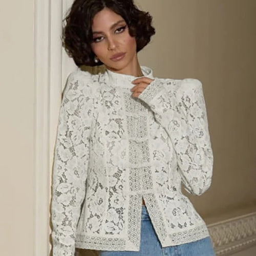 Lace blouse for women with fine gathered details and transparent sleeves Amarae
