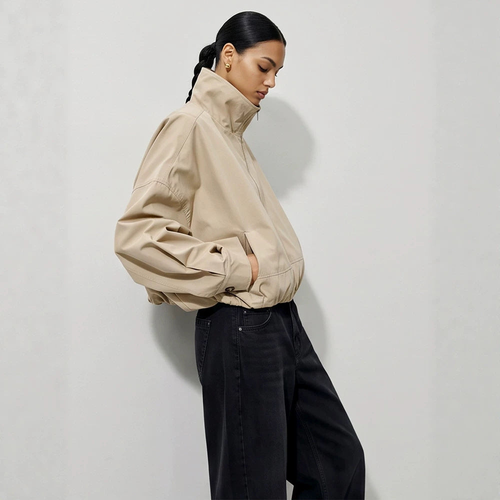 Women's Boxy-Cropped Windbreaker Jacket with High Standing Collar and Straight Hem Amarae