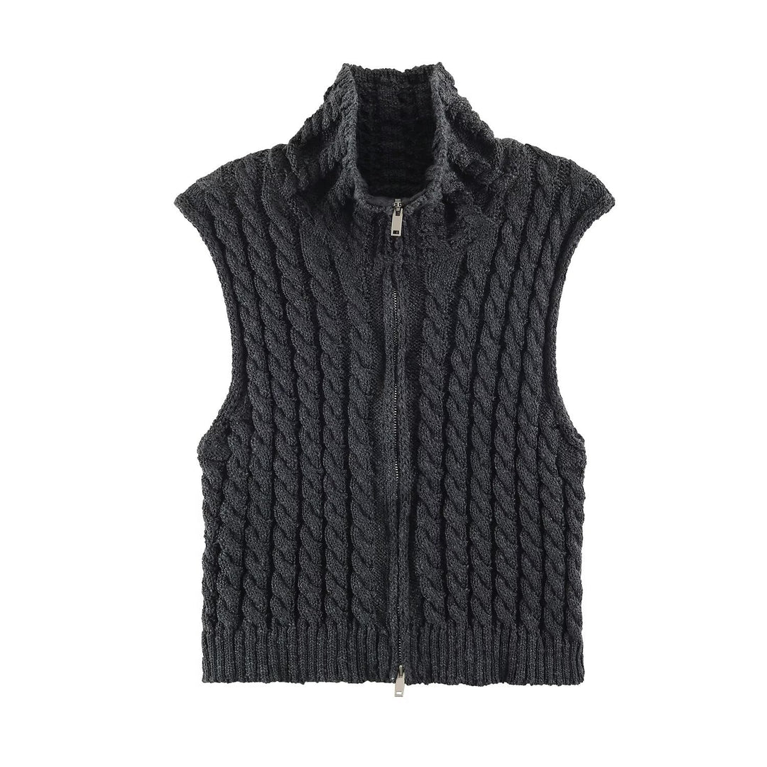 Women Sleeveless Cable Knit Vest with Stand-Up Collar and Full Zipper Amarae