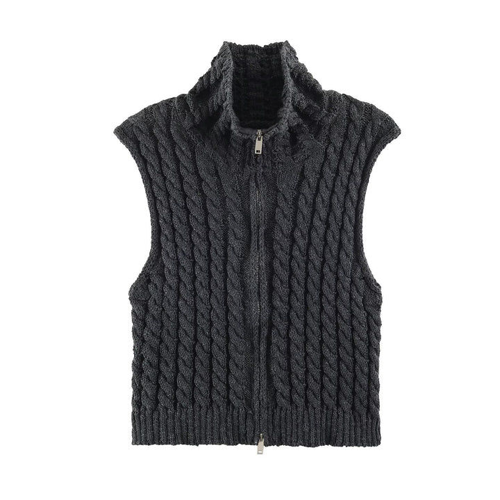 Women Sleeveless Cable Knit Vest with Stand-Up Collar and Full Zipper Amarae