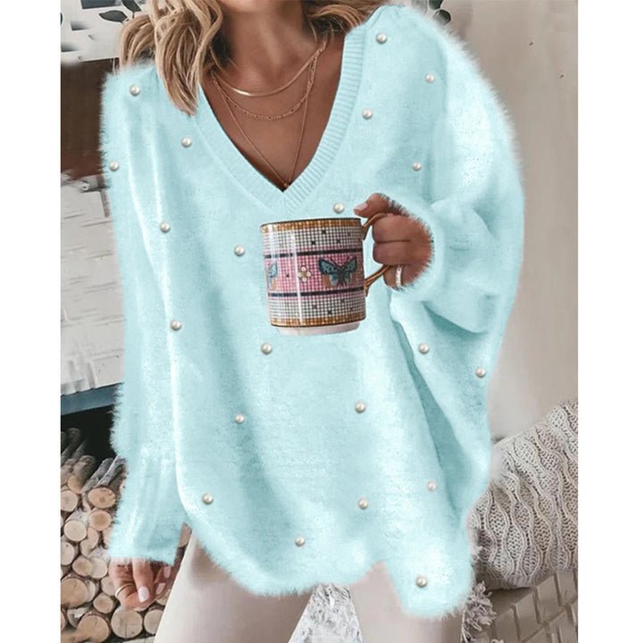 Oversized women's V-neck sweater with pearls Lune London