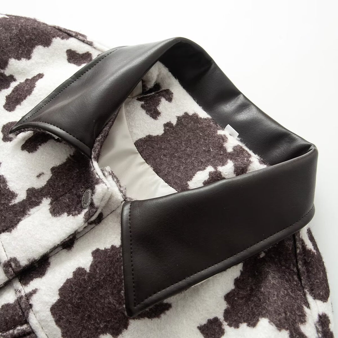 Women's Oversized Jacket in Trucker Style with Cow Print and Faux Leather Collar Amarae