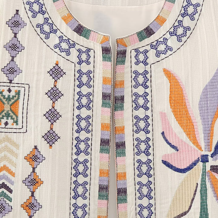 Ladies embroidered sleeveless Boho vest with folkloric motifs and open front Amarae