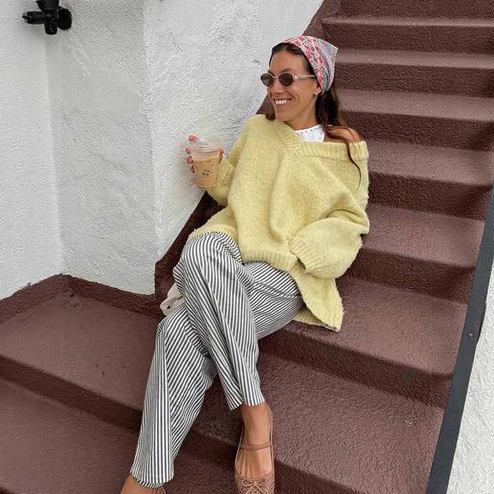 Women's Oversized Plush Sweater with Deep V-Neck and Voluminous Sleeves Amarae