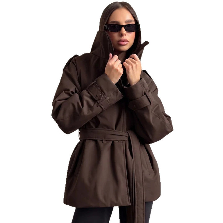 Women Short Technical Trench with High Collar Flap, Double Press Button Placket and Tailoring Tie Belt Amarae