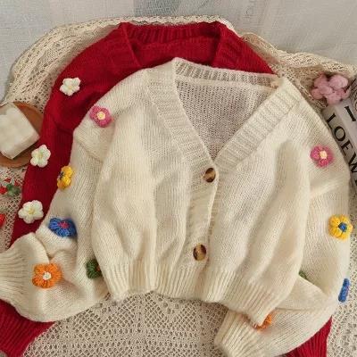 Ladies cozy knit cardigan with playful floral appliqués Amarae
