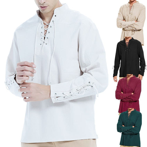 Men's long sleeve linen shirt with a modern lace-up design Amarae