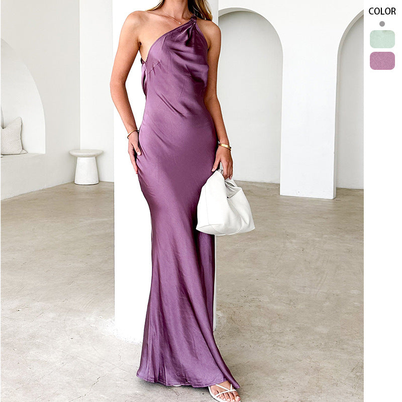 Women's Elegant Maxi Dress with Asymmetrical Strap and Flowing Satin Fall Lune London