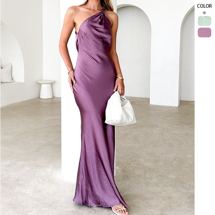 Women's Elegant Maxi Dress with Asymmetrical Strap and Flowing Satin Fall Lune London
